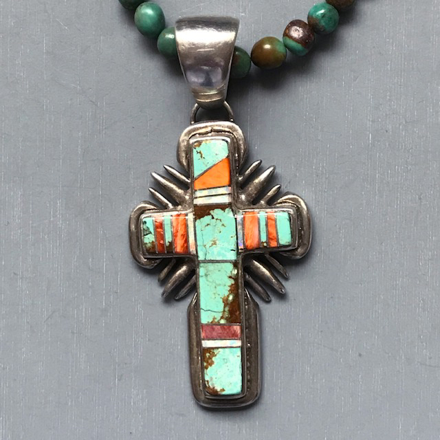 CROSS pendant with inlay of turquoise, opal, and coral on a strand of turquoise and sterling beads
