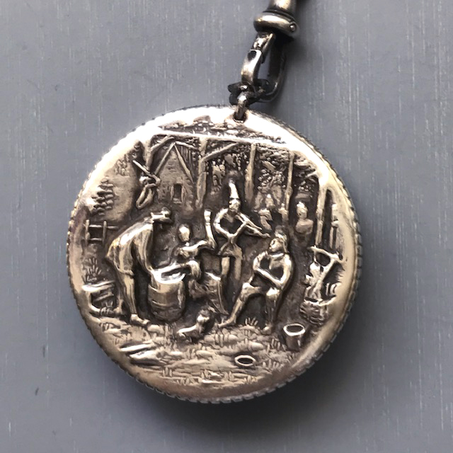 SPRITZER & FUHRMAN chatelaine sterling silver small round box embossed with a scene of people in a Medieval courtyard