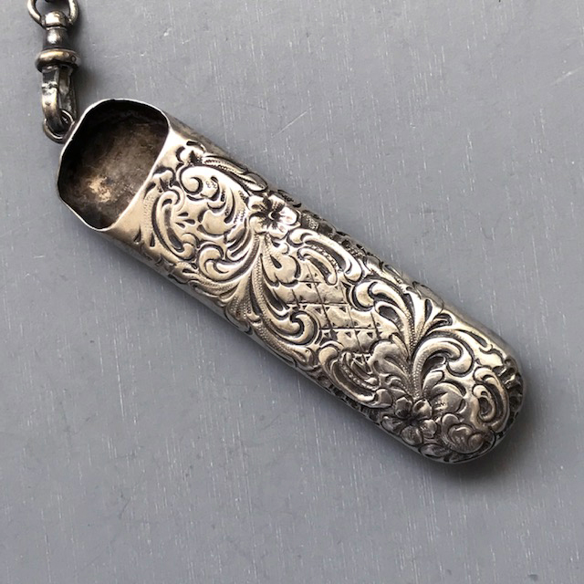 CHATELAINE sterling silver sewing accessory, a pin holder embossed with scrolls and cross-hatching