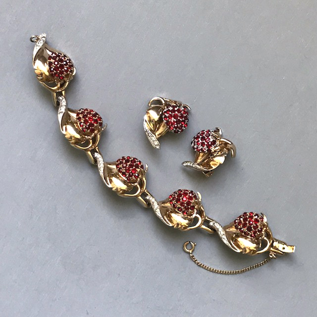 DEROSA strawberry bracelet and earrings with rich red rhinestones and clear rhinestone accents