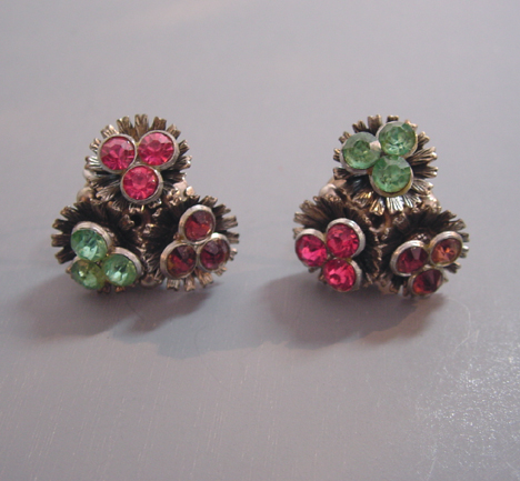 MIRIAM HASKELL unusual flower shaped earrings with aqua, pink and purple rhinestones