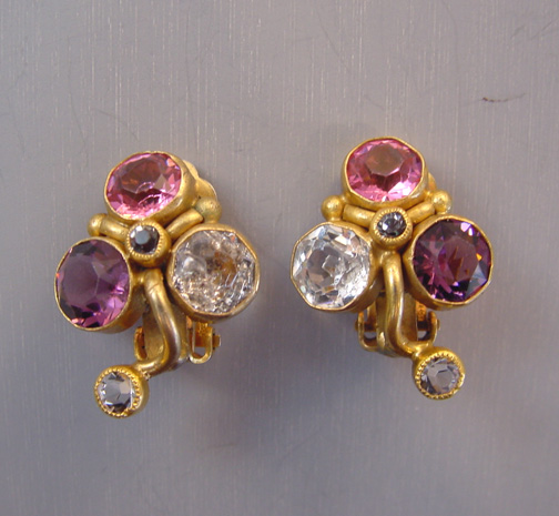 HOBE pink, purple and clear rhinestones shamrock shaped clip back earrings