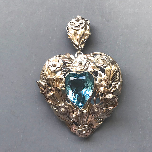 HOBE aqua rhinestone gold washed and sterling silver heart brooch and pendant combination