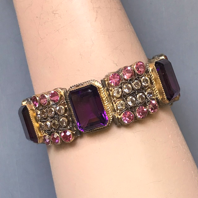 HOBE bracelet with beautiful purple rectangular unfoiled rhinestones and pink and clear unfoiled rhinestone in alternate links