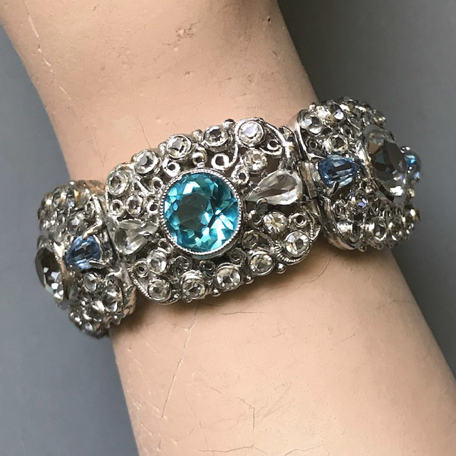 HOBE bracelet with bight sparkling pastel blue, aqua and clear rhinestones set in hand made sterling silver