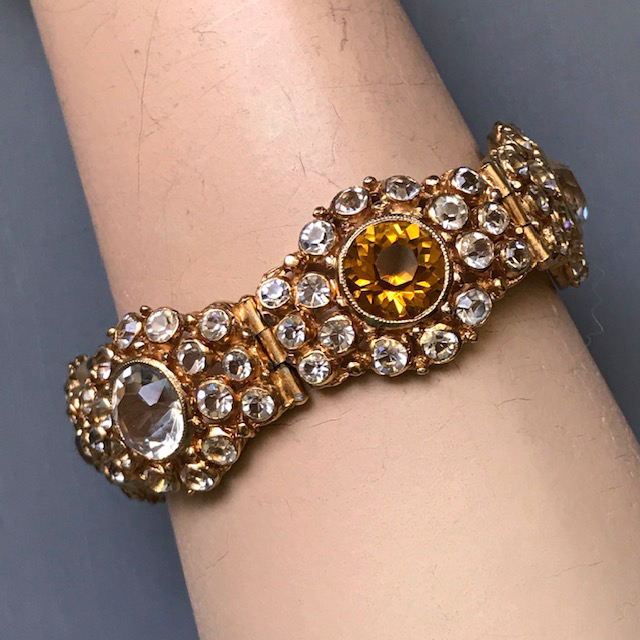 HOBE bracelet with golden color and clear rhinestones set in hand made gilt sterling wire filigree, brilliant and sparkling