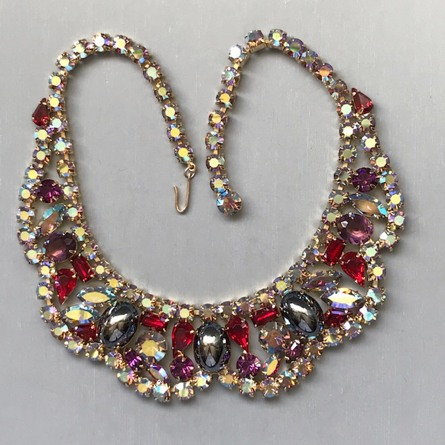 JULIANA D&E spectacular necklace of hematite rhinestone cabochons, red and purple rhinestones and aurora borealis