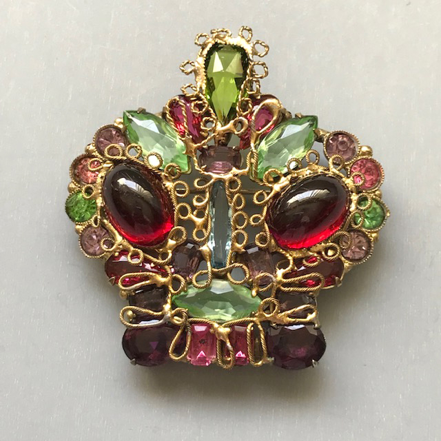 ORIGINAL by ROBERT Fashioncraft brooch with red cabochons, aqua and pale green, pink, red and purple rhinestones