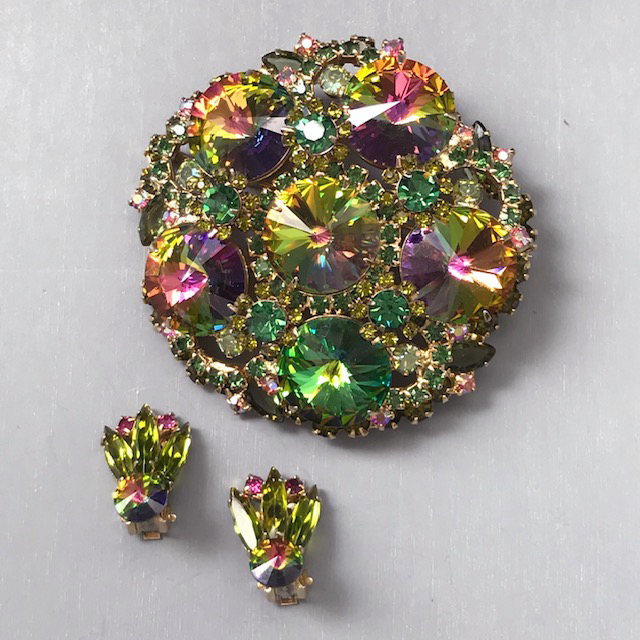 JULIANA D&E dazzling rivoli brooch and matching earrings with spectacular and very colorful green and rose colored rivoli
