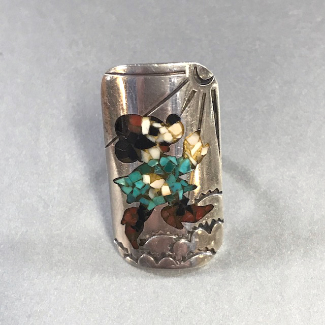 TT STERLING Minnie Mouse ring, a Native American sterling ring inlaid with turquoise, jet, coral and mother-of-pearl
