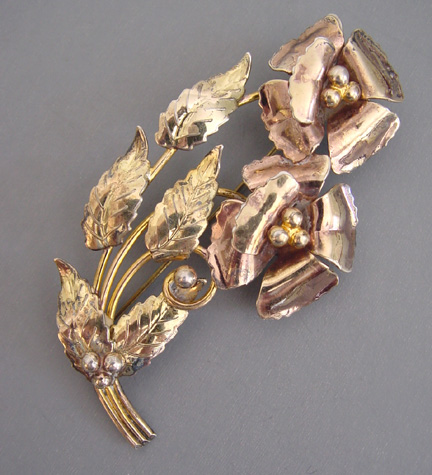 STERLING with gold wash flowers and leaves brooch, beautifully hand wrought