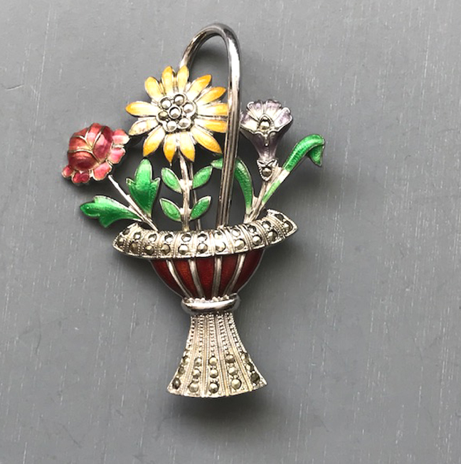 STERLING and marcasite basket of flowers brooch with colorful enamel work