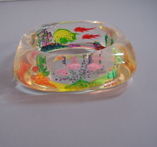 JUDY CLARKE Lucite reverse carved and brilliantly painted 4-sided bangle with sea life motif, dated 9/03