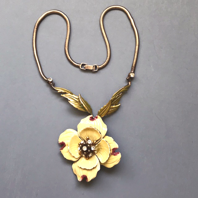 DEROSA yellow and red enameled dogwood flower necklace with green enameled leaves