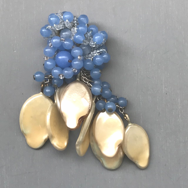 MIRIAM HASKELL by Frank Hess dress clip with baby blue glass beads and dangling pearlized glass leaves