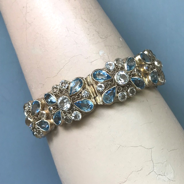 HOBE bracelet with lovely unfoiled pastel blue and clear rhinestones in a hand wrought filigree wire work