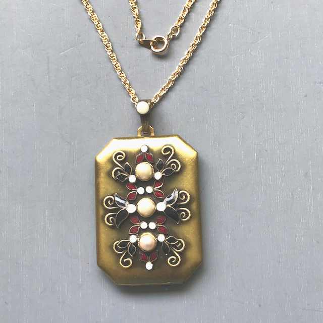 HOBE Austro-Hungarian revival style locket with glass pearls and red, black and white enamel