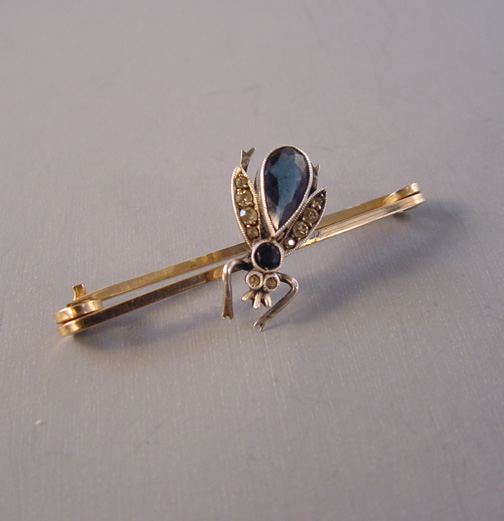 INSECT blue and clear paste rhinestones bug or fly on a gold washed sterling bar pin