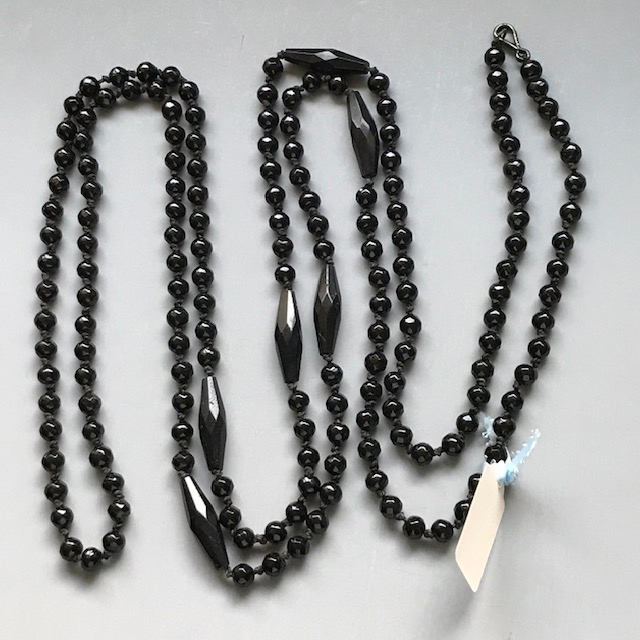 VICTORIAN extra long 84″ black glass faceted beads muff or lorgnette chain necklace, 84″ long!