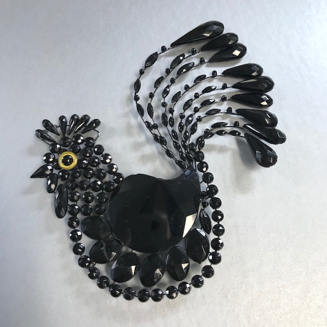 VICTORIAN French jet rooster sew-on ornament with a yellow glass eye, 5″