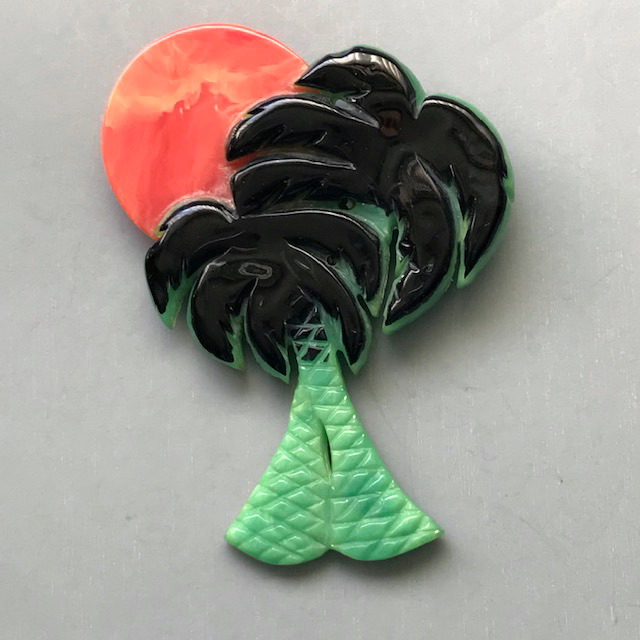 BRUCE PANTTI bakelite palm tree brooch in marbled green, pink and solid black