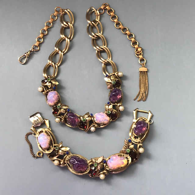 WEST GERMANY purple cabochons and opalescent glass links necklace and bracelet