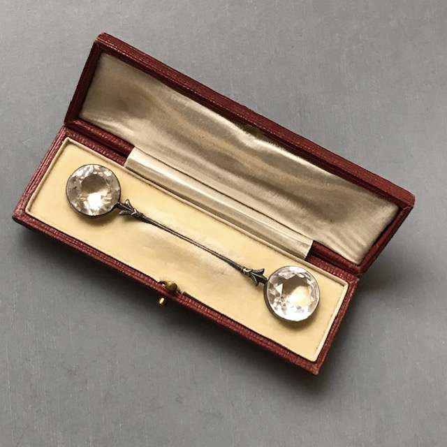 VICTORIAN faceted lead crystal double collar or jabot pin set in silver and comes with it’s own fitted box