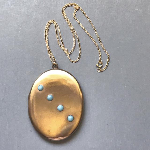 VICTORIAN large gold tone metal locket with turquoise aqua cabochons, initials LJD