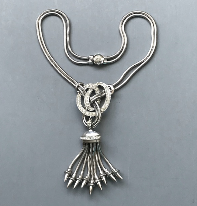 DEROSA necklace of clear rhinestones set in silver knots, choker length