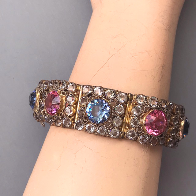 HOBE bracelet with pink, blue and clear unfoiled rhinestones in a hand made gilt sterling silver wire work setting