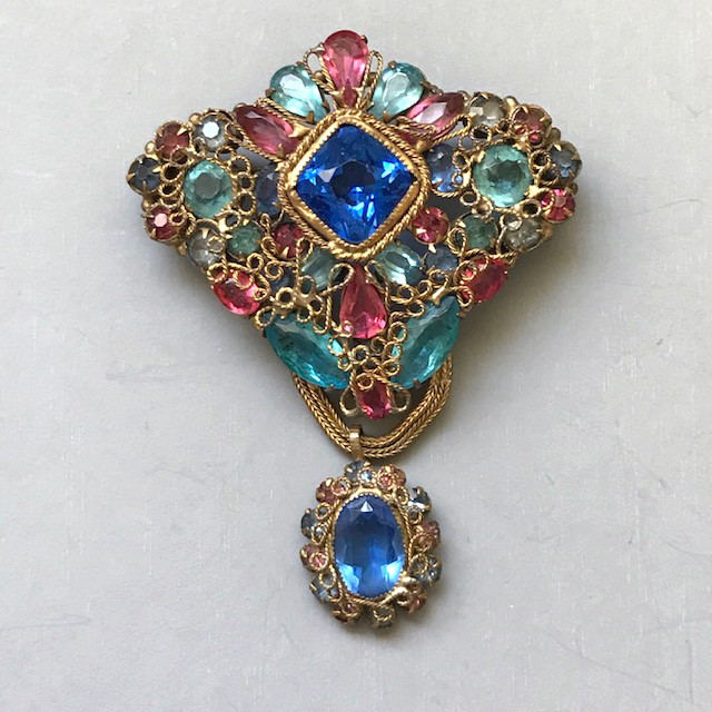 ORIGINAL by ROBERT large brooch and pendant combination in blue, aqua and pink rhinestones