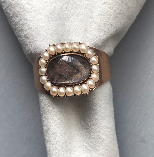 GEORGIAN antique 9k, pearl and hair mourning ring 1802 and inscribed En Thorton