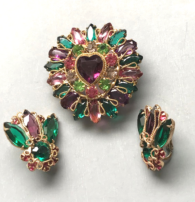 ROBERT Fashioncraft attributed brooch with a wonderful purple heart shaped rhinestone center, unfoiled purple, green and pink rhinestones