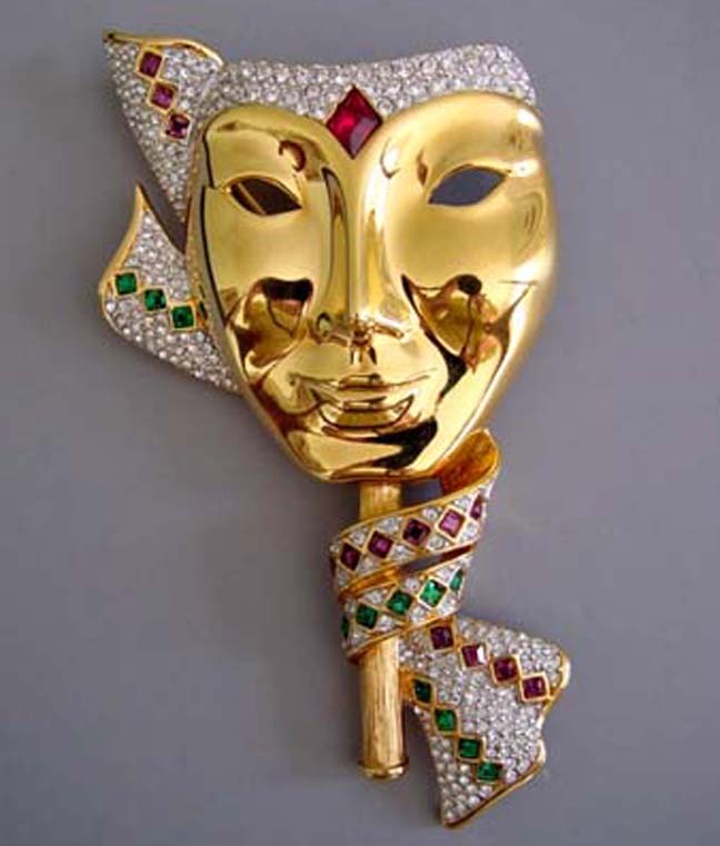 SWAROVSKI Mardi Gras mask brooch with brilliant gem tone and clear rhinestones