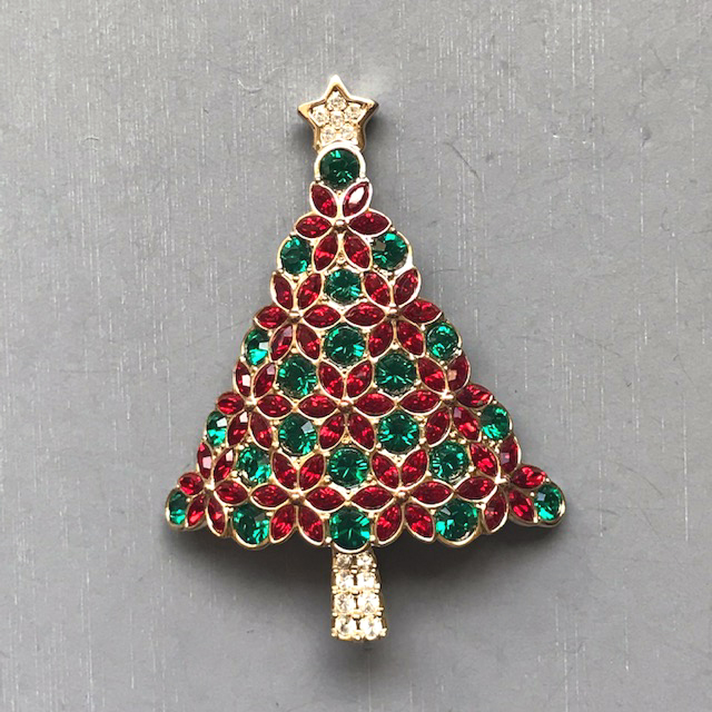 SWAROVSKI 2003 Annual Edition Christmas tree brooch with red, green and clear rhinestones