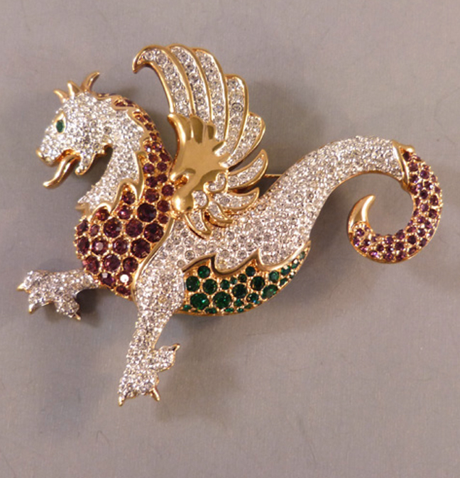 SWAROVSKI brooch of a large winged figural hippocampus mythical creature with purple and clear rhinestones