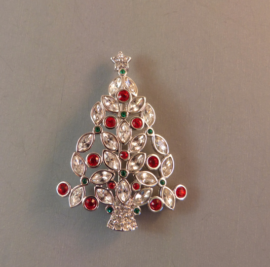 SWAROVSKI 2002 annual Christmas tree brooch with round red and green rhinestone ornaments