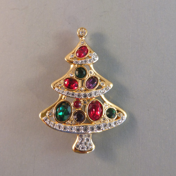 SWAROVSKI 2000 Christmas tree brooch with big gem colored rhinestones and clear rhinestone accents