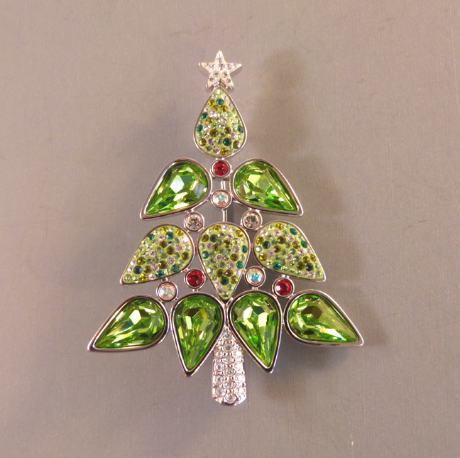 SWAROVSKI 2009 Rockefeller Christmas tree brooch made of lovely  green rhinestones with red and clear rhinestones accents