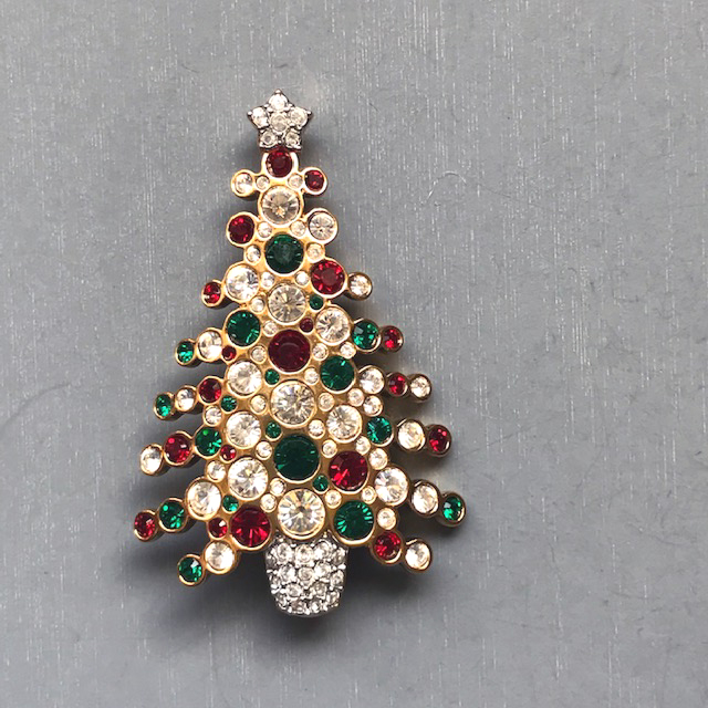 SWAROVSKI Christmas tree brooch with red, green and clear rhinestones