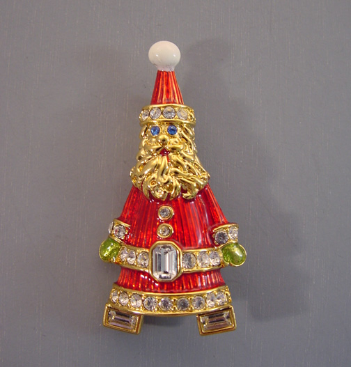 RADKO Christopher Radko Christmas Santa brooch with red, white and chartreuse enamel, clear and blue rhinestones