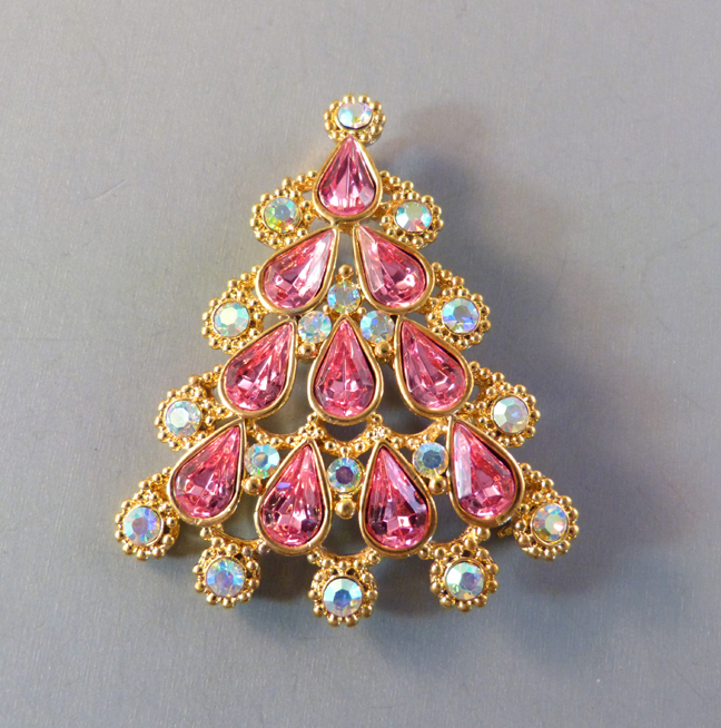 RADKO Christopher Radko Christmas tree brooch with pink teardrop-shaped boughs and aurora borealis ornaments