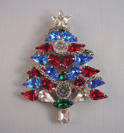 JOHN CATALANO Christmas tree brooch with red, clear, green and blue rhinestones