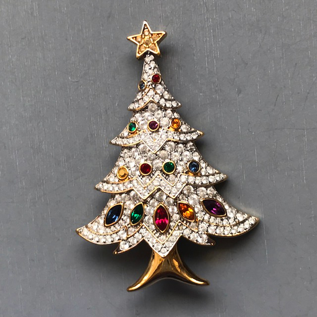 SWAROVSKI Christmas tree brooch with clear rhinestone pave boughs and brilliant colorful rhinestone ornaments