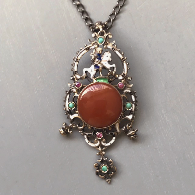 AUSTRO-HUNGARIAN St. George and the Dragon necklace and pin combination with a smooth oval agate center with turquoise, pink stones and enameling