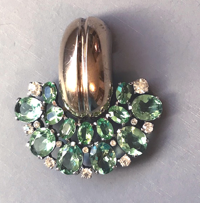 MAZER fur clip with sparkling aqua-green unfoiled rhinestones accented with clear rhinestones and set in gold washed sterling silver