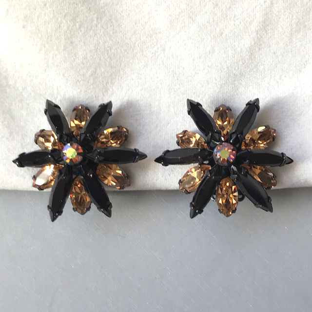 REGENCY starburst earrings in tan and black rhinestones in a dark gray gun metal setting
