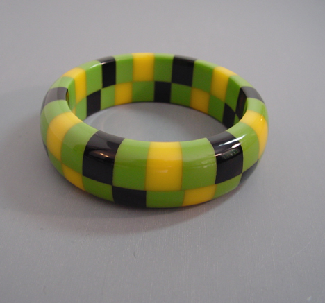 SHULTZ bakelite two row check bangle in green, yellow and black opaque checks