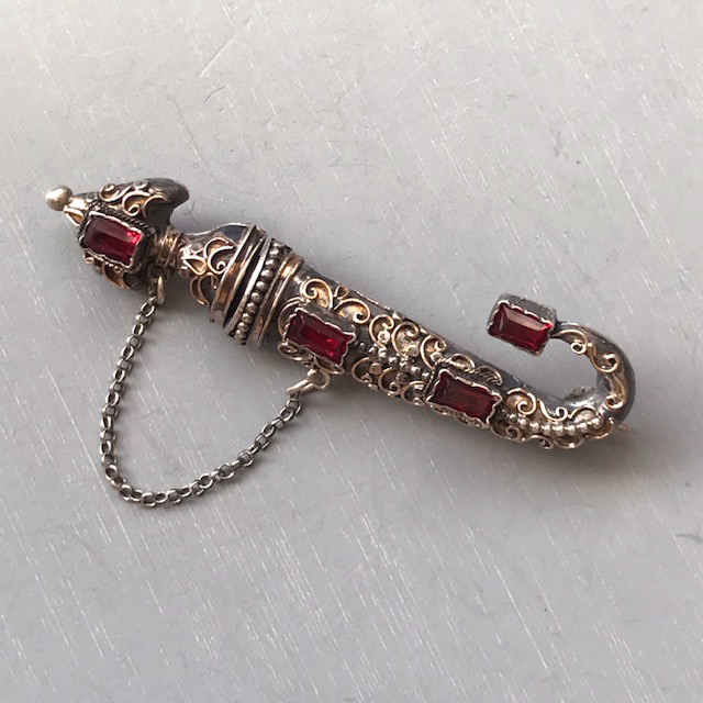 AUSTRO-HUNGARIAN antique sword in a sheath brooch with beautiful garnet colored glass stone