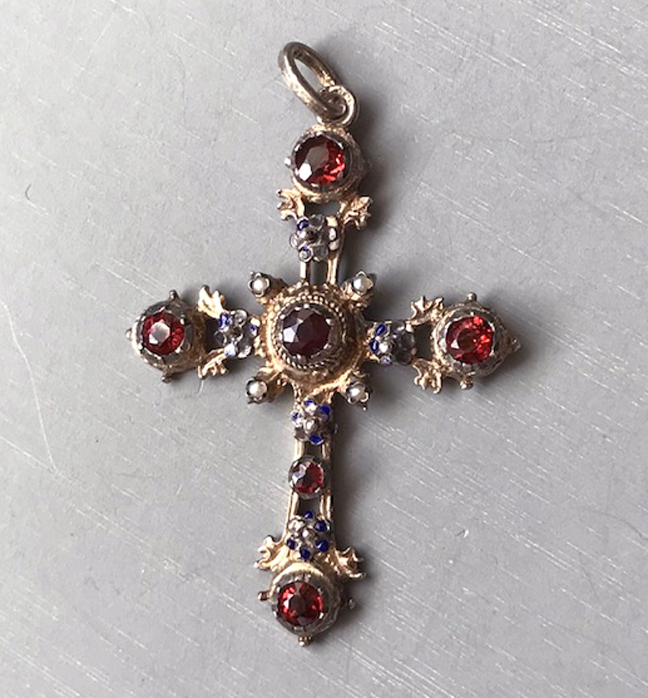 AUSTRO-HUNGARIAN Renaissance Revival garnet cross pendant necklace with natural pearls